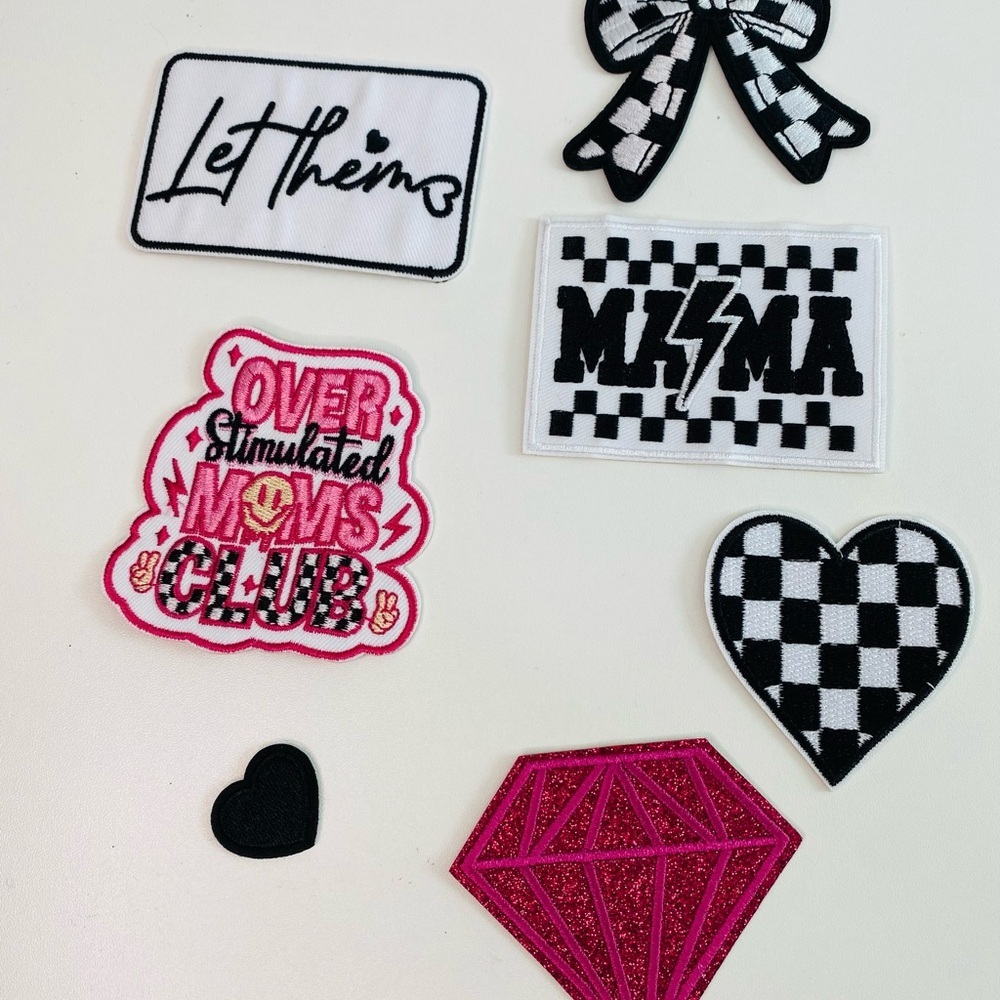 Lot of 7 embroidered patches, mama, checkered heart, let them, bow, diamond